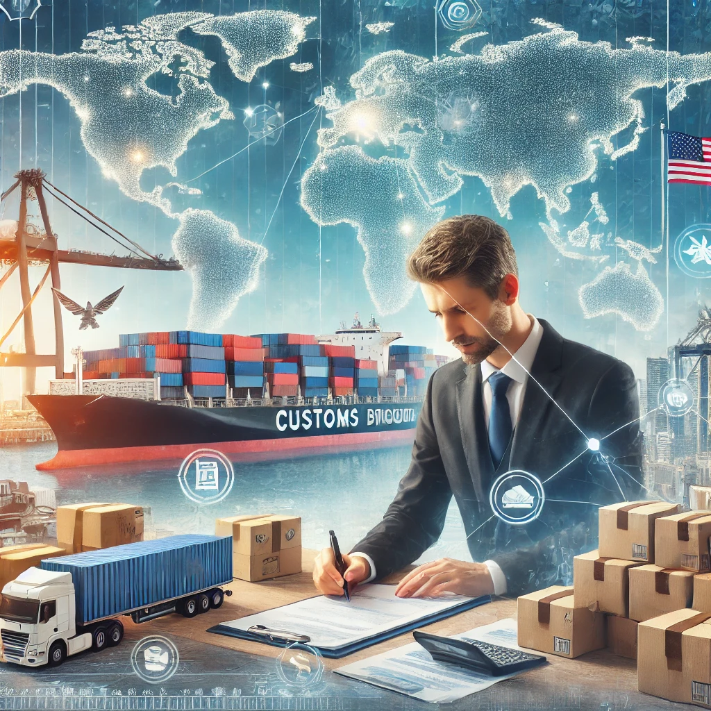 An image depicting customs brokers in the context of international shipment. The scene features a busy port with large shipping containers, truck